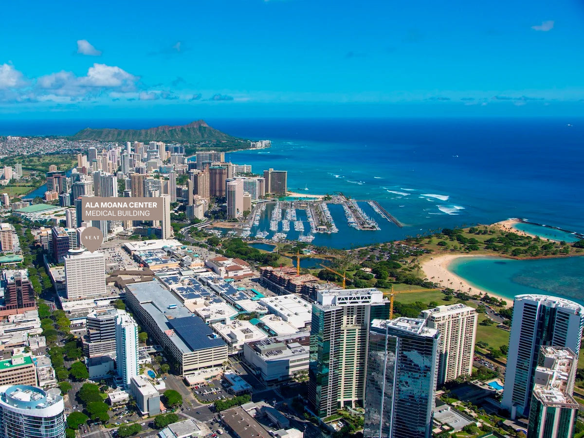 Map showing Neat Studio's location in Honolulu, Hawaii, in the Ala Moana Medical building for easy access to our cosmetic dermatology services